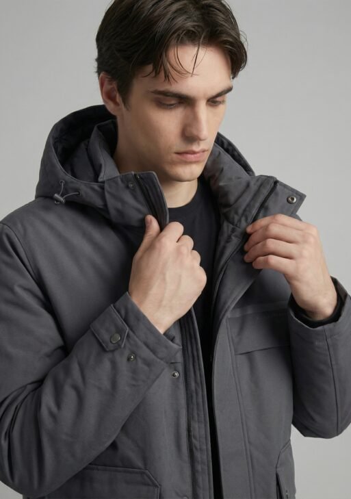 جاكيت مبطن شتوي بقبة ثابتة وقصة عادية